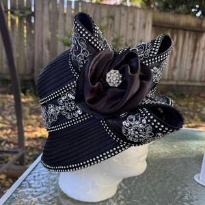 Whittall & Shon Black Church Derby Hat Rhinestone Sequin Floral Rosette 58cm